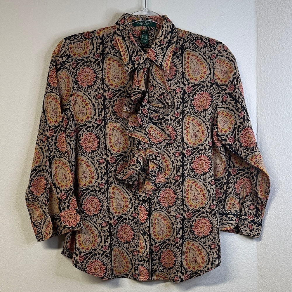 Lauren Ralph Lauren Multicolor Paisley Cotton Ruffle Button Down Shirt MP - Picture 2 of 6